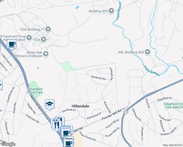 map of restaurants, bars, coffee shops, grocery stores, and more near 1906 Kimberly Road in Silver Spring