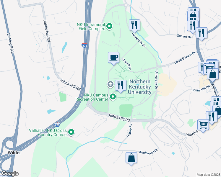 map of restaurants, bars, coffee shops, grocery stores, and more near 30 Kenton Drive in Highland Heights