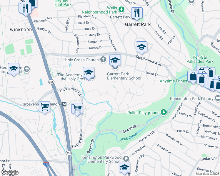 map of restaurants, bars, coffee shops, grocery stores, and more near 4810 Cloister Drive in Rockville