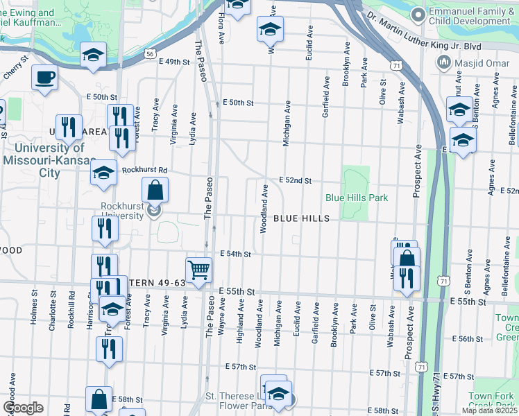 map of restaurants, bars, coffee shops, grocery stores, and more near 5238 Woodland Avenue in Kansas City