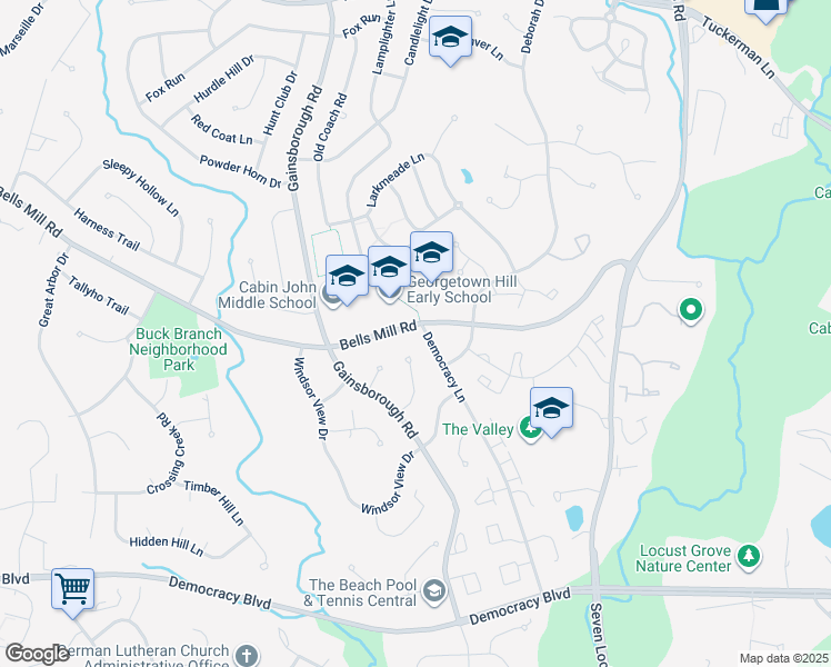 map of restaurants, bars, coffee shops, grocery stores, and more near 8300 Bells Mill Road in Potomac