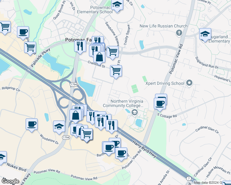 map of restaurants, bars, coffee shops, grocery stores, and more near 46370 Monocacy Square in Sterling