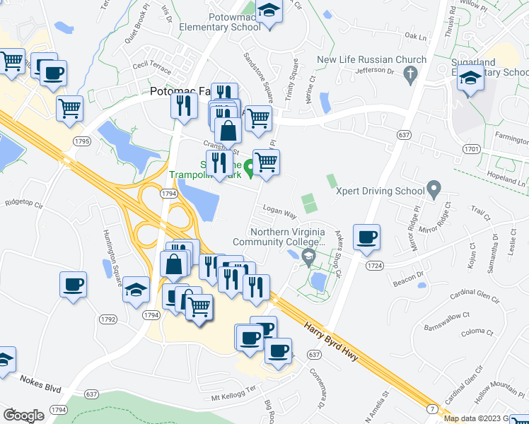 map of restaurants, bars, coffee shops, grocery stores, and more near 46362 Monocacy Square in Sterling