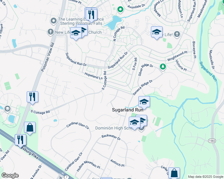 map of restaurants, bars, coffee shops, grocery stores, and more near 46905 Seneca Ridge Drive in Sterling