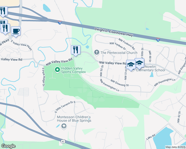 map of restaurants, bars, coffee shops, grocery stores, and more near 5523 Northwest Downing Street in Blue Springs