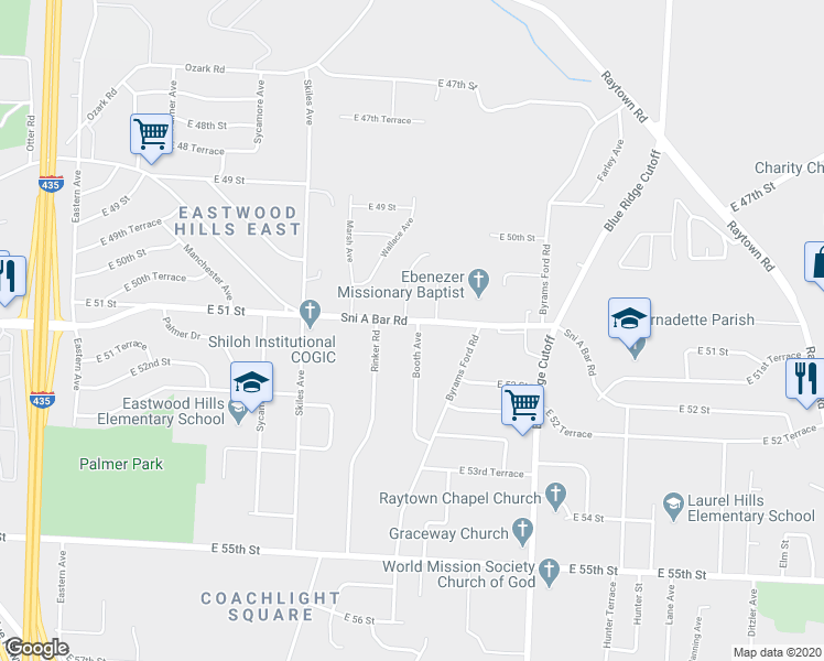 map of restaurants, bars, coffee shops, grocery stores, and more near 8511 Sni a Bar Road in Kansas City