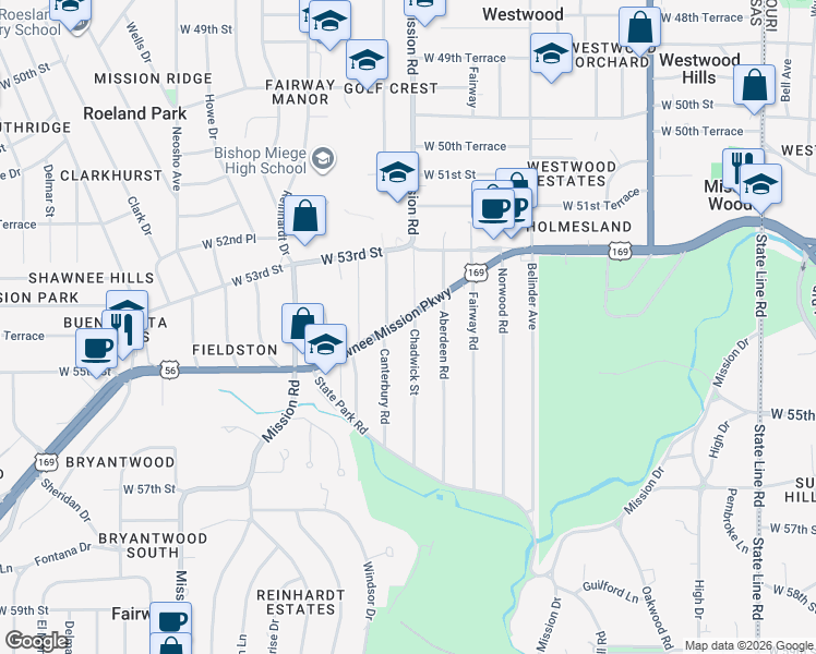 map of restaurants, bars, coffee shops, grocery stores, and more near 5348 Chadwick Street in Fairway