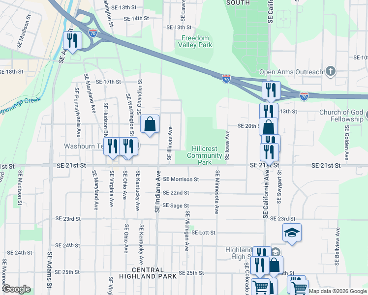 map of restaurants, bars, coffee shops, grocery stores, and more near 1918 Southeast Michigan Avenue in Topeka