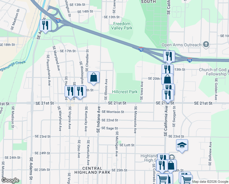map of restaurants, bars, coffee shops, grocery stores, and more near 1918 Southeast Michigan Avenue in Topeka