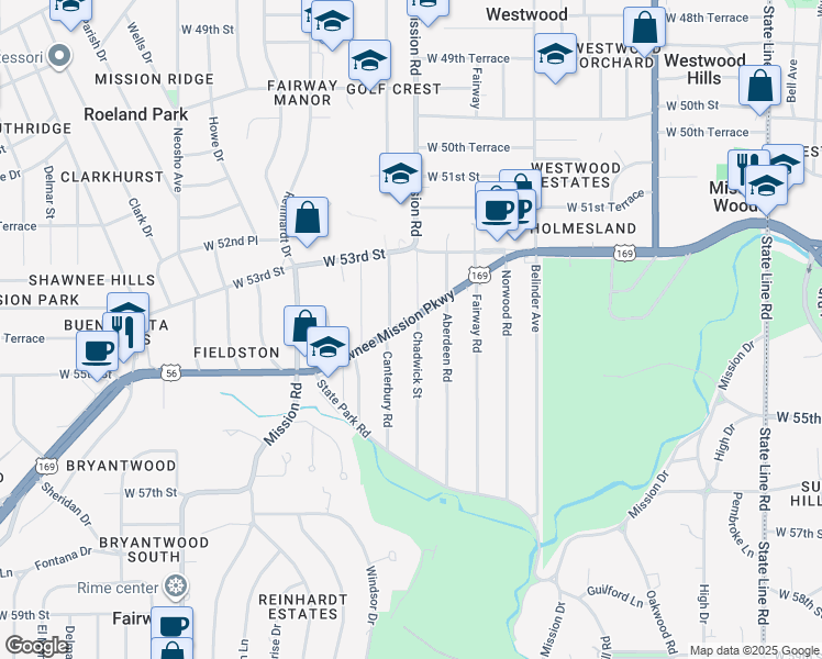 map of restaurants, bars, coffee shops, grocery stores, and more near 5348 Chadwick Street in Fairway