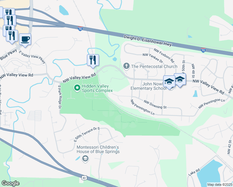 map of restaurants, bars, coffee shops, grocery stores, and more near 5607 Northwest Downing Street in Blue Springs