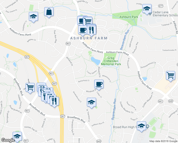map of restaurants, bars, coffee shops, grocery stores, and more near 43402 Livery Square in Ashburn
