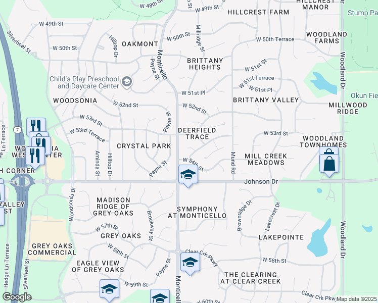 map of restaurants, bars, coffee shops, grocery stores, and more near 21709 West 53rd Terrace in Shawnee