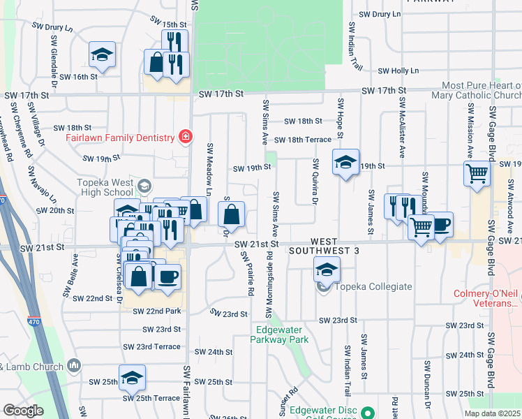 map of restaurants, bars, coffee shops, grocery stores, and more near 1950-1962 Southwest Regency Parkway in Topeka
