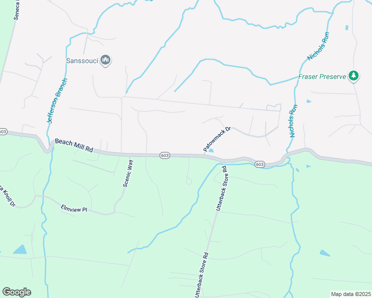 map of restaurants, bars, coffee shops, grocery stores, and more near 11000 Beach Mill Road in Great Falls