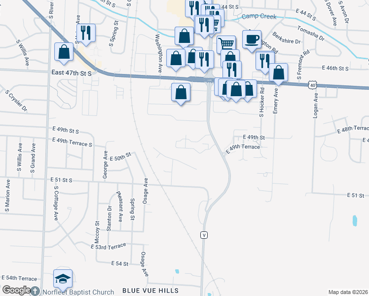 map of restaurants, bars, coffee shops, grocery stores, and more near 13800 East 49th Terrace in Kansas City