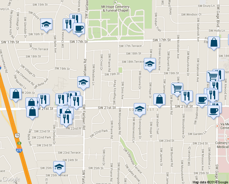 map of restaurants, bars, coffee shops, grocery stores, and more near 1962 SW Regency Pkwy in Topeka