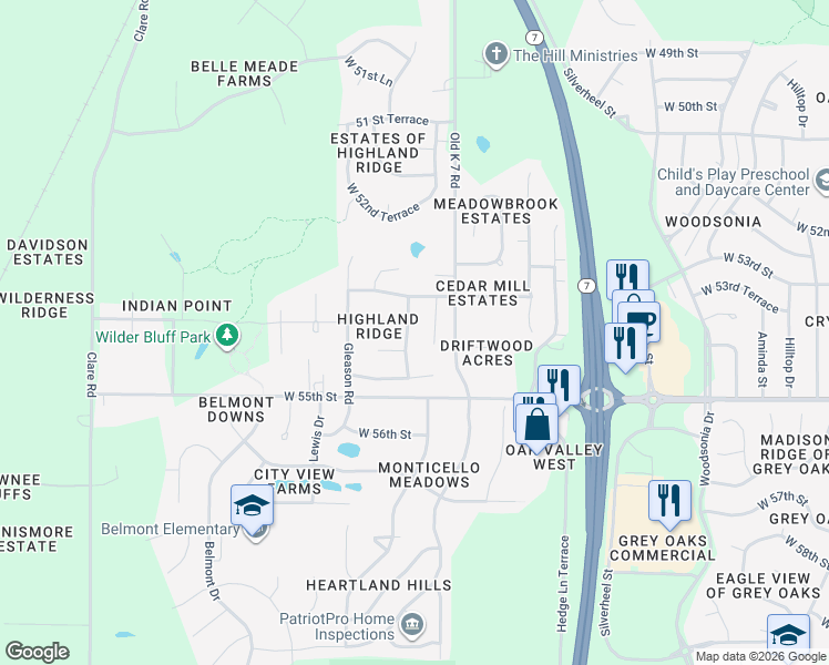 map of restaurants, bars, coffee shops, grocery stores, and more near 23600 West 53rd Place in Shawnee
