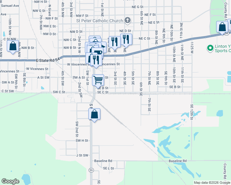 map of restaurants, bars, coffee shops, grocery stores, and more near 290 3rd Street Southeast in Linton