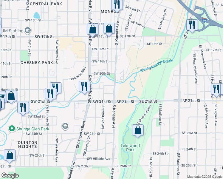 map of restaurants, bars, coffee shops, grocery stores, and more near 2053 South Kansas Avenue in Topeka