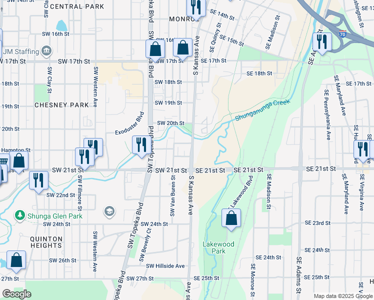 map of restaurants, bars, coffee shops, grocery stores, and more near 2053 South Kansas Avenue in Topeka