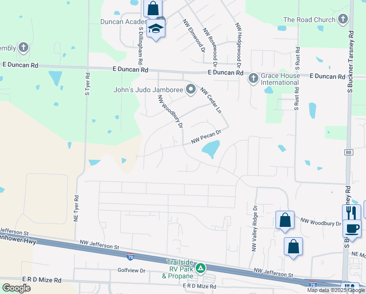 map of restaurants, bars, coffee shops, grocery stores, and more near 606 Northwest Woodbury Drive in Grain Valley