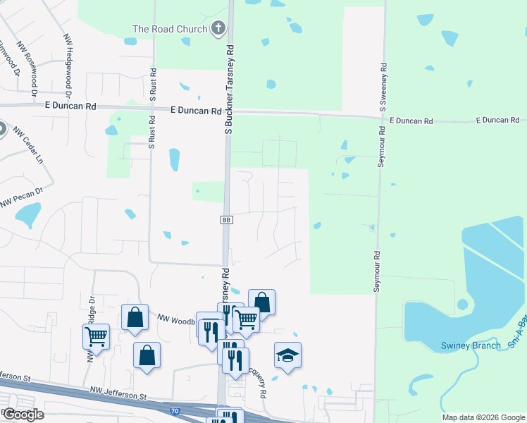map of restaurants, bars, coffee shops, grocery stores, and more near Northeast Greystone Boulevard in Grain Valley