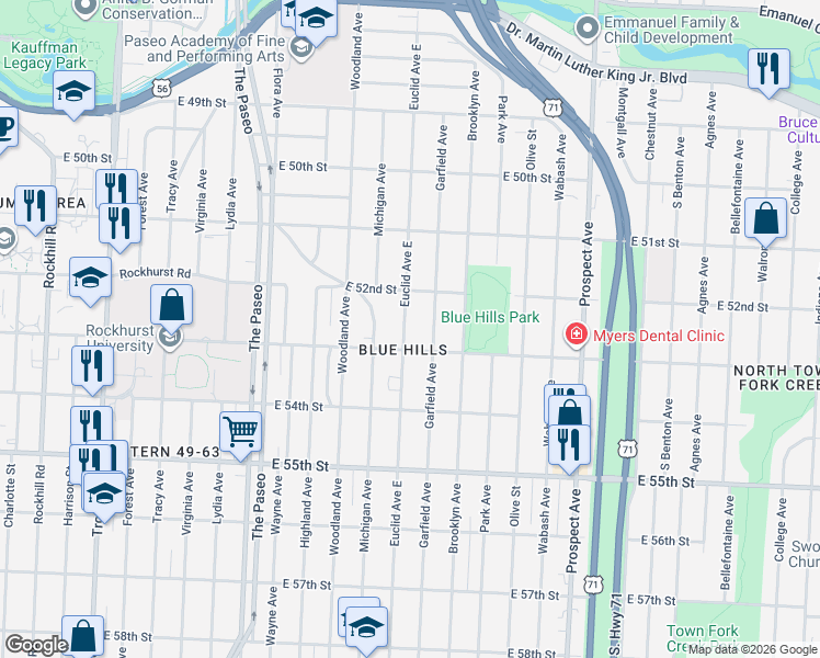 map of restaurants, bars, coffee shops, grocery stores, and more near 5217 Euclid Avenue in Kansas City