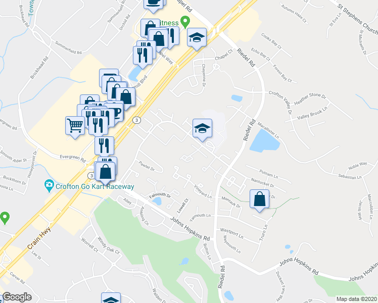 map of restaurants, bars, coffee shops, grocery stores, and more near 1164 Wickford Court in Crofton