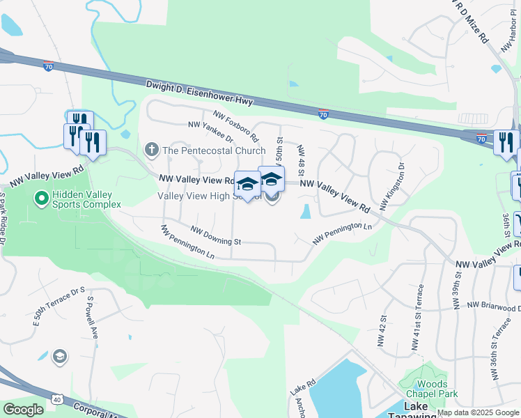 map of restaurants, bars, coffee shops, grocery stores, and more near 5000 Northwest Valley View Road in Blue Springs