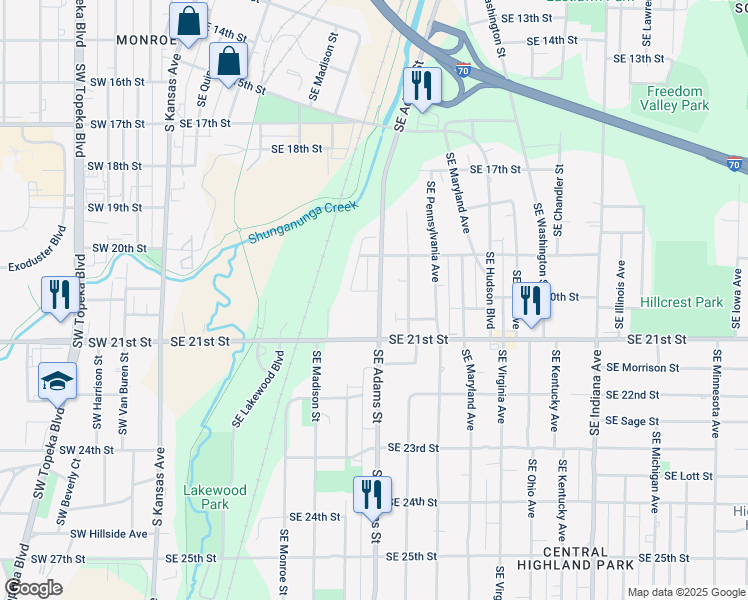 map of restaurants, bars, coffee shops, grocery stores, and more near 1920 Southeast Adams Street in Topeka