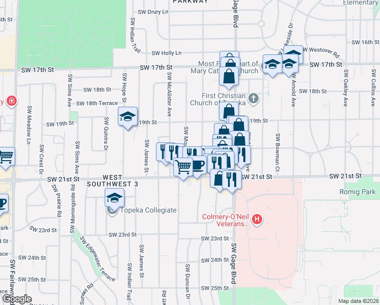 map of restaurants, bars, coffee shops, grocery stores, and more near 1944 Southwest Moundview Drive in Topeka
