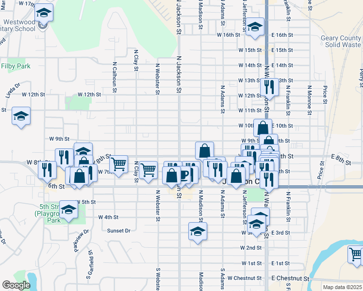 map of restaurants, bars, coffee shops, grocery stores, and more near 440 West 9th Street in Junction City