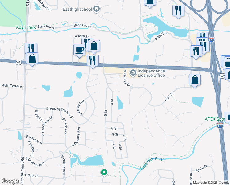 map of restaurants, bars, coffee shops, grocery stores, and more near 012 D Street in Independence