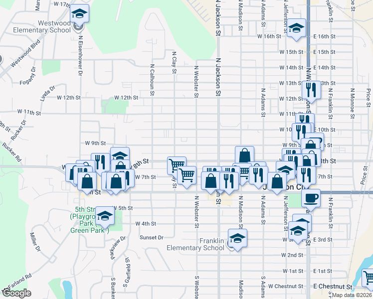 map of restaurants, bars, coffee shops, grocery stores, and more near 615 West 9th Street in Junction City