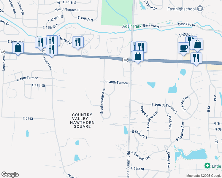 map of restaurants, bars, coffee shops, grocery stores, and more near 4820 Queen Ridge Avenue in Kansas City