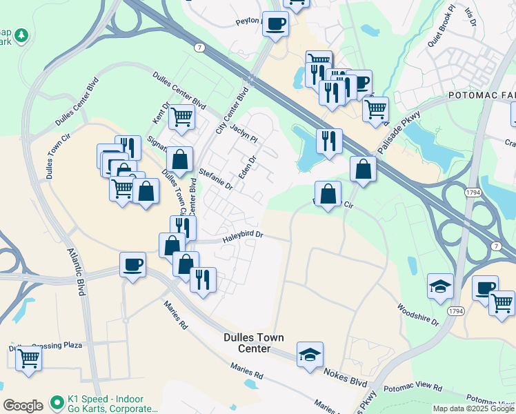 map of restaurants, bars, coffee shops, grocery stores, and more near 45827 Dominick Terrace in Sterling