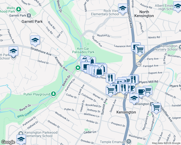 map of restaurants, bars, coffee shops, grocery stores, and more near 4215 Howard Ave in South Kensington