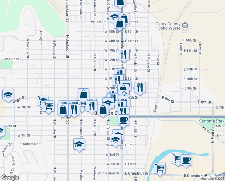 map of restaurants, bars, coffee shops, grocery stores, and more near 116-198 West 9th Street in Junction City