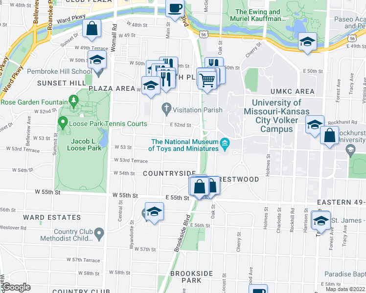 map of restaurants, bars, coffee shops, grocery stores, and more near 40 East 53rd Street in Kansas City