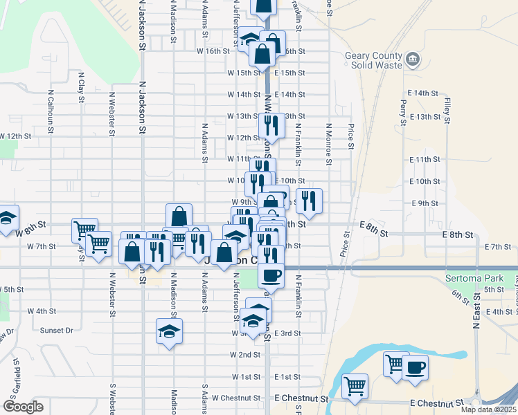 map of restaurants, bars, coffee shops, grocery stores, and more near 900 North Washington Street in Junction City