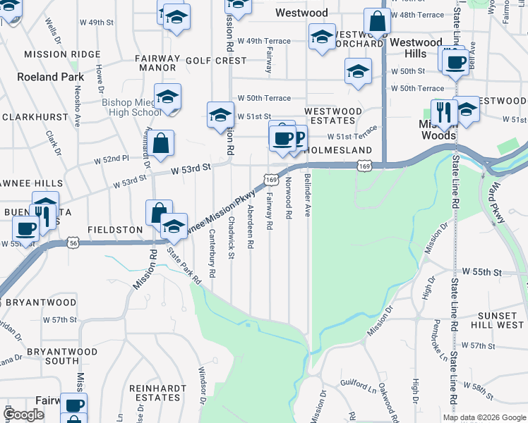 map of restaurants, bars, coffee shops, grocery stores, and more near 5401 Fairway Road in Fairway