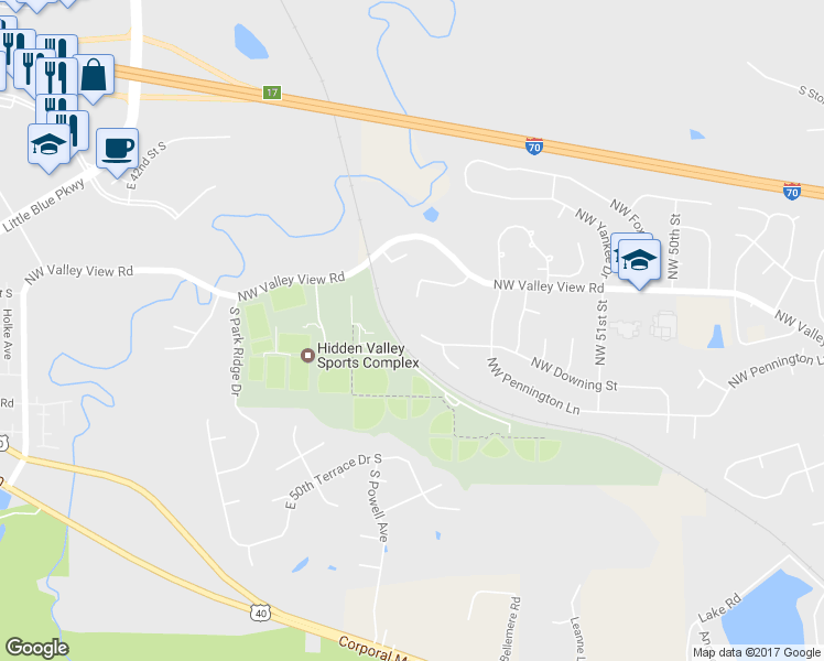 map of restaurants, bars, coffee shops, grocery stores, and more near 5629 Northwest Downing Street in Blue Springs