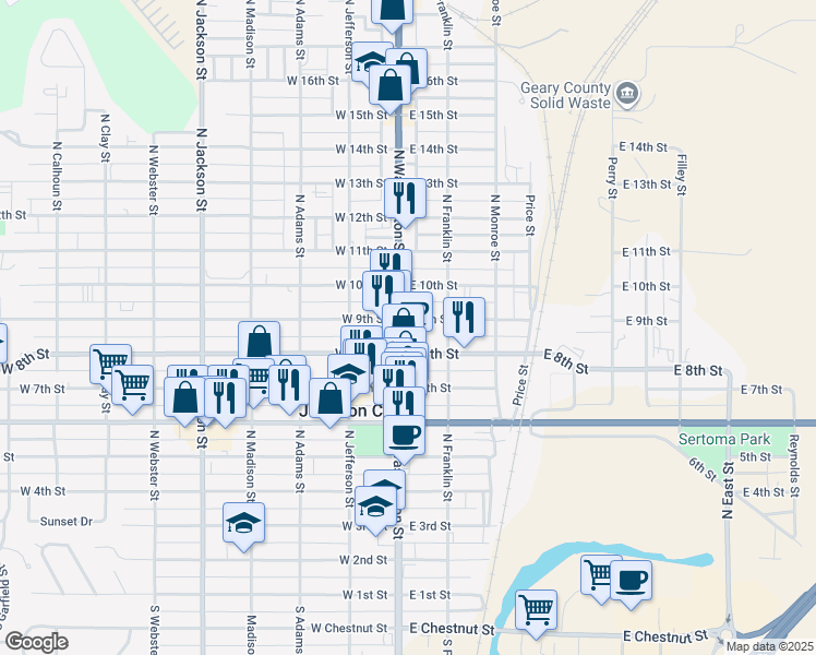 map of restaurants, bars, coffee shops, grocery stores, and more near 900-906 North Washington Street in Junction City