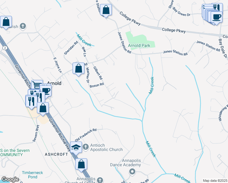 map of restaurants, bars, coffee shops, grocery stores, and more near 1433 Gilbert Road in Arnold