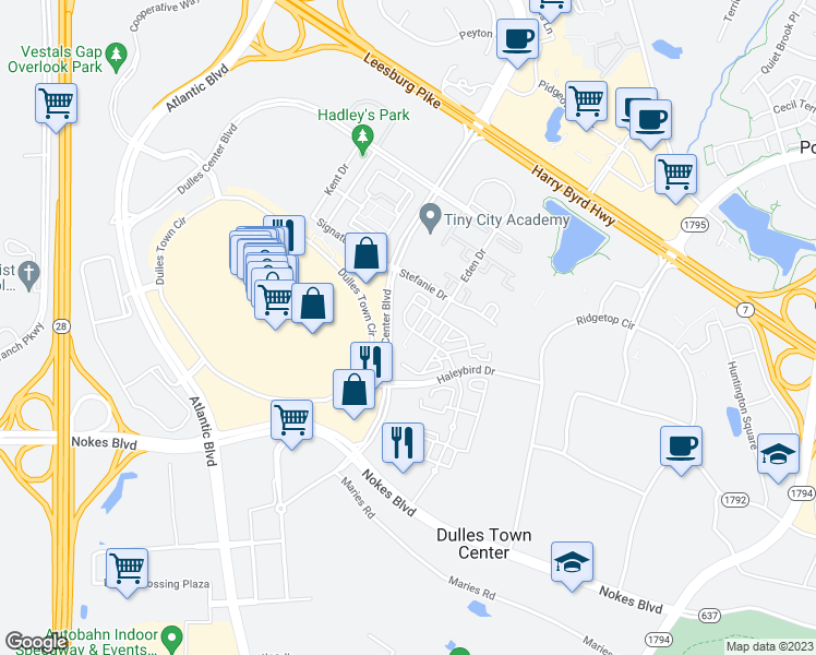 map of restaurants, bars, coffee shops, grocery stores, and more near 21139 Parc Dulles Square in Sterling