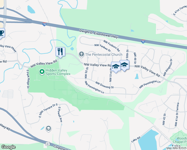 map of restaurants, bars, coffee shops, grocery stores, and more near 1212 Northwest 54th Street in Blue Springs