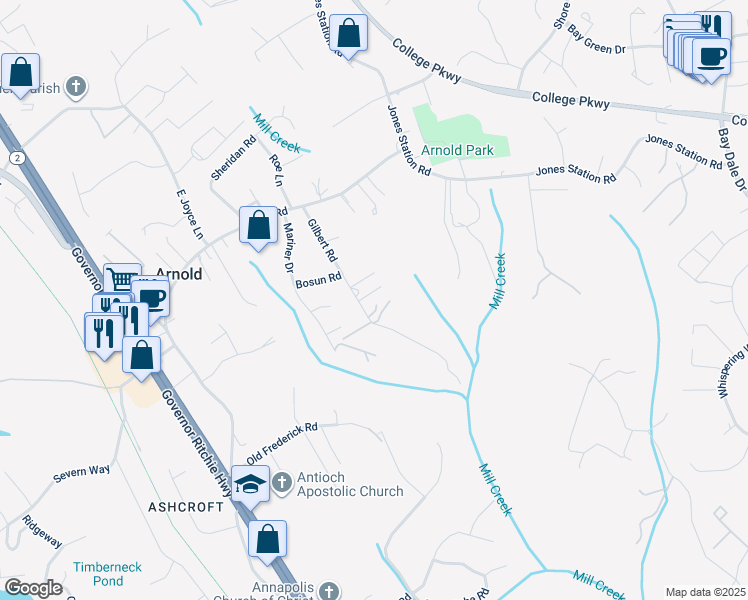 map of restaurants, bars, coffee shops, grocery stores, and more near 1433 Gilbert Road in Arnold
