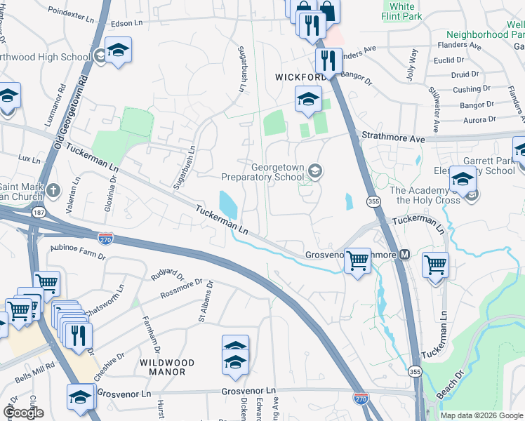 map of restaurants, bars, coffee shops, grocery stores, and more near 10719 Kings Riding Way in Rockville