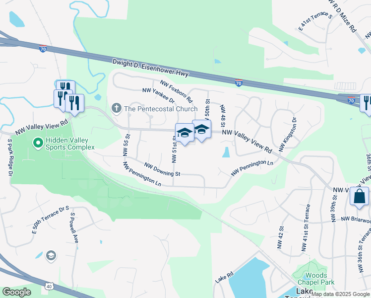 map of restaurants, bars, coffee shops, grocery stores, and more near 5020 Northwest Valley View Road in Blue Springs